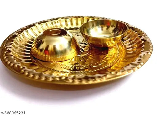 Brass Hindu Puja Thali + 2 Bowls Bhai Dooj Tika Om Plate Navratra Diwali Gift 3 pcs