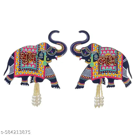 diwali decorations, diwali decoration items for home, diwali & other festivals, mandir decoration, ganpati decoration, home decorating items, office decoration, Elephant Designer Set of 2 with Shubh Labh Wall Hanging for Diwali Decoration|