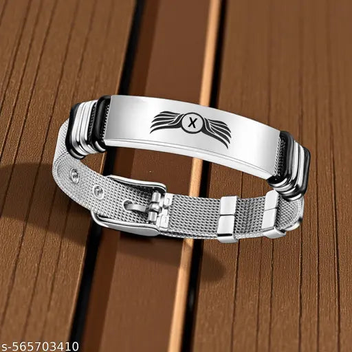 The Men Gift  Personalized Initial “X” Winged Charm Bracelet for Men – Stylish Stainless Steel Mesh Strap Bracelet – Adjustable Engraved Bracelet for Bikers, Riders & Trendsetters ShivBr2025582