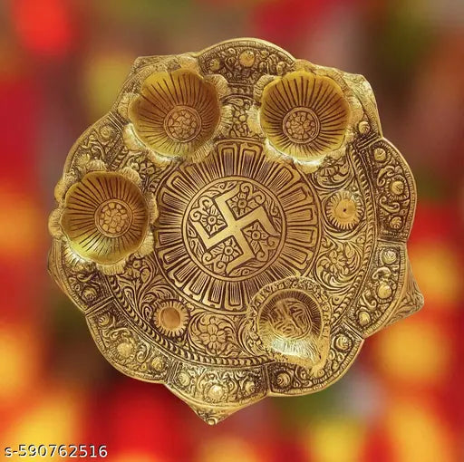 Pooja Thali with 4 Diyas Swastik Engraved Designer | Aarti Plate for Puja & Festivals