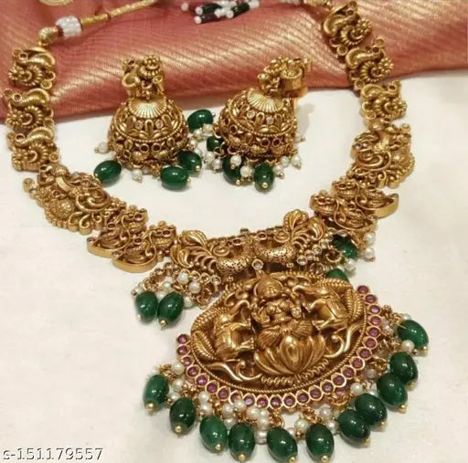 Traditional Temple Design Necklace (Haram) Set With Green And White Pearls (Drops) Paired With Earrings For Women And Girls Jewellery Set.