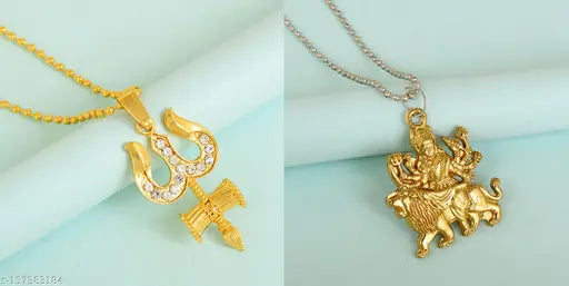 Morvi Gold Plated CZ Lord Sherawali Durga with Trishul Combo Pendant Locket Men