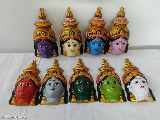 Navadurga Devi Face Set of 9 – Metal Goddess Faces, 8 × 4 Inches