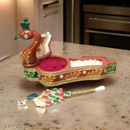 Ash Wood Tika Chopra in Peacock Shape Meenakari Work Kumkum Box With Shubh Labh Written On The Top Middle With Free Peacock Shape Multicolour Tilak Stick