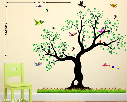 NATURE - BEAUTIFUL - GREEN LEAFS - BIG - TREE - FLYING - BIRDS WALL STICKER