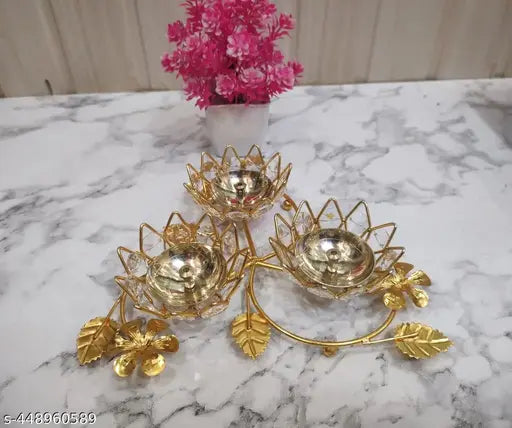 Brass Crystals Diya Tree 3 Aarti Akhand Diya Deepak, Oil lamp Table Diya Set for Lakshmi Puja, Home Decor, Mandir, Festival Gift | Height: 8 inches | (Piece 1) Golden Colour