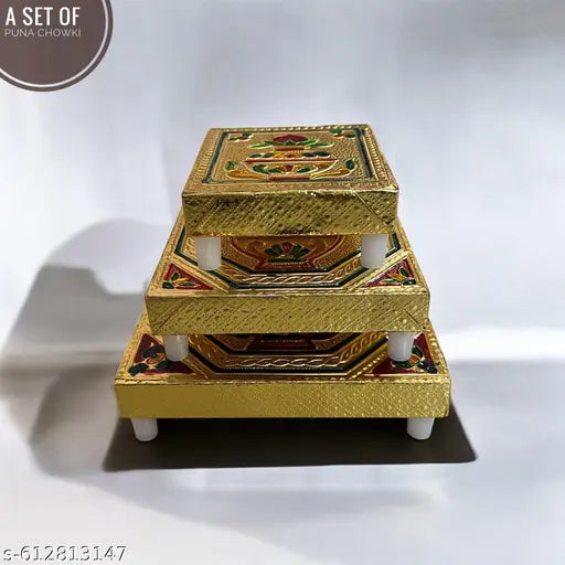 Golden Kalash Meenakari Puja Chowki Set of 3 | Traditional Wooden Bajot for Mandir & Festivals