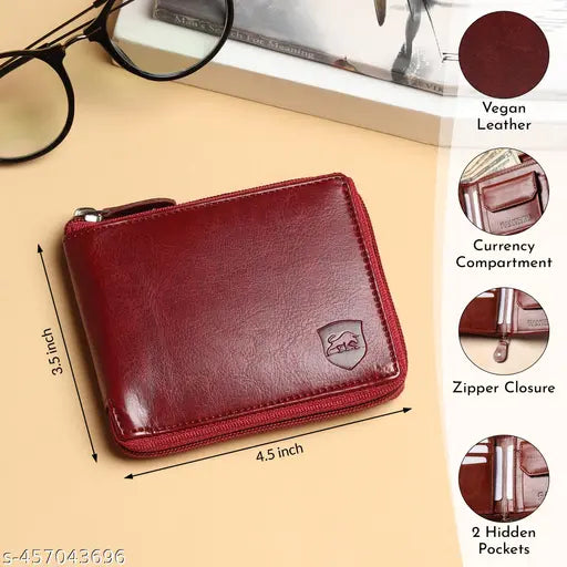 SAMTROH Solid Zipper Round Chain Vegan Leather Wallet for Men & Women I 3 Card Slots I 2 Currency & 2 Secret Compartments I 1 Coin Pocket