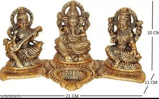 Lakshmi Ganesha Saraswati with Diya Metal Idol Set | 18 cm | Diwali Pooja & Home Temple Decor