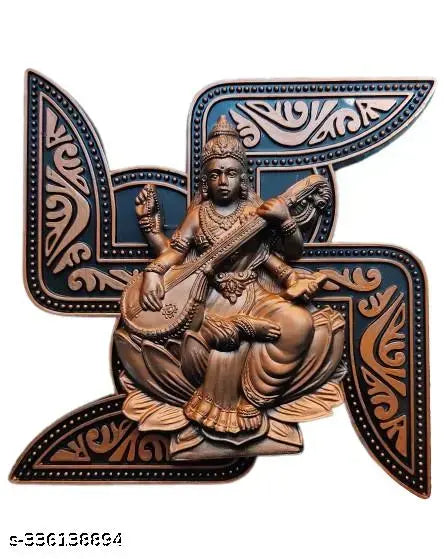 Mata Saraswati On Swastik Made from Fibre / Copper Brown / 20 cm