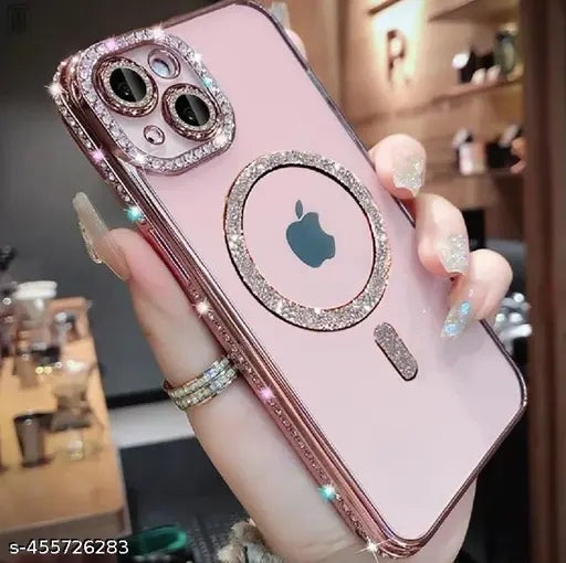 i-phone 15 Clear Magnetic Diamond Glitterr Case with Full Camera Protection Rhinestone Luxury Plating Bling Transparent for Magsaf Women Girls Cute Phone Case Cover (Pink)