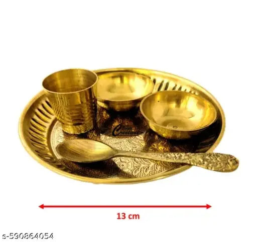 Brass Bhog Pooja Carving thali Set for Daily use Home Temple décor Gold Size @13cm