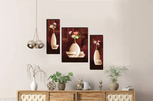 WALLSTOXX Modern Art Beautiful Flower Pot Set of 3 Wall Painting For Living Room Home Decorated Office Hotel Gift Item 12 Inch * 18 Inch Painting