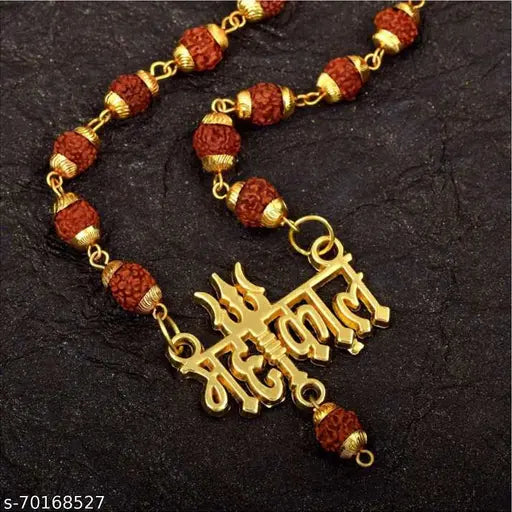 19 J JEWELS- Mahakal Pendant with Trishul Panchmukhi Rudraksh Locket Mala (10mm 36 Beard) Gold Plated Wood Chain (Pack of 1).