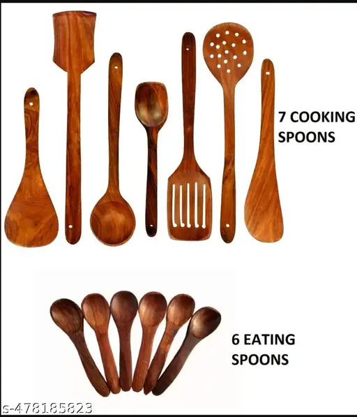 Natural Wooden Spoon Set For Cooking Includes Frying Serving Spatula Set Of 13 Kitchen Tool Set  (Brown, Cooking Spoon, Spatula, Ladle, Baking Tools)