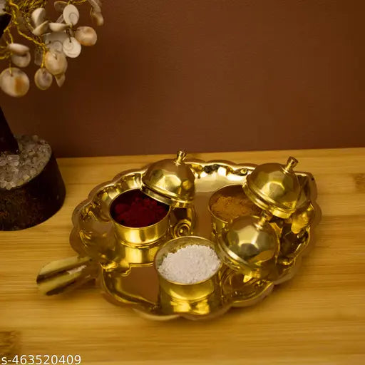 Putrika Traditional Handcrafted Brass Thali Haldi kumkum Chandhan Holder Stand Plate with Lid for Pooja/Worship - 3 Leaf Bowl - Small