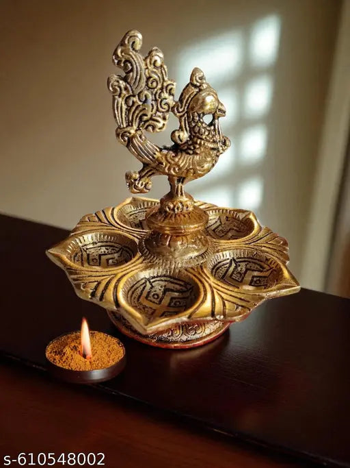 V.S.Enterprises Beautiful Metal Peacock Diya With 5 Wick Holder