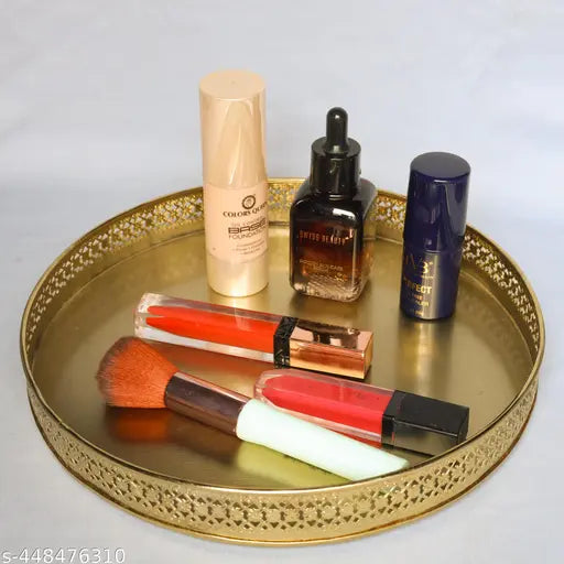 Gold Plated Round Decorative Metal Vanity Tray for Weeding and Diwali Pooja Gifting Trays 10" Dia