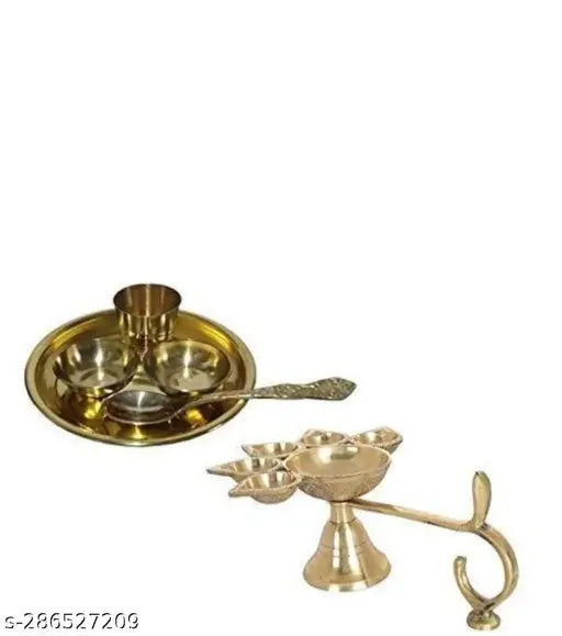 Combo of 2 Pcs Brass Laddu Gopal Janmashtami Kanha Ji Bhog Thali Laddu Gopal Bhog Plate Thali Set Pooja Plates Thali 5 Pcs Set with 5 Face Puja Panch Aarti (2 no) Jyoti/Diya Stand, gold, Standard