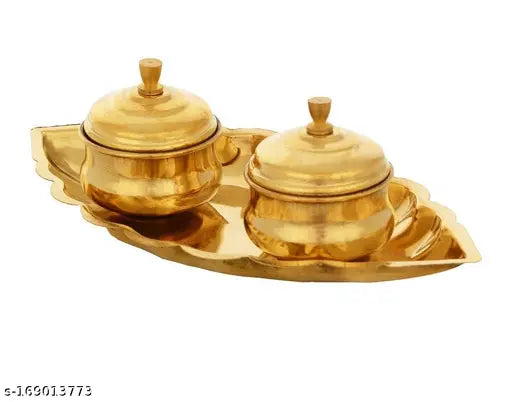 Brass Kankavati Brass Haldi Kumkum dabbi with lid and Attached with Thali Brass Kankavati for puja