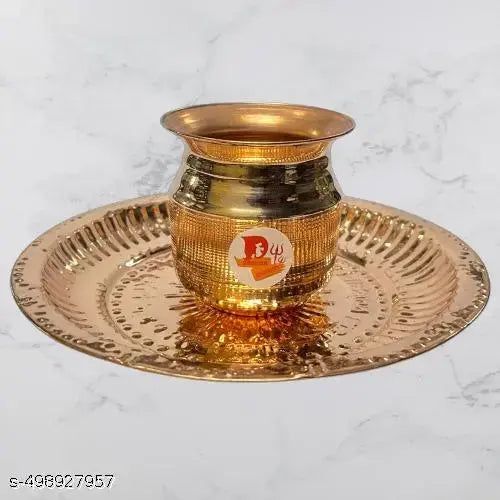 ELITETOUCH Brass Pooja Plate Thali with copper kalash lota  (Gold , copper ) 6inch om plate fir pooja samagri Small Kalash for Puja