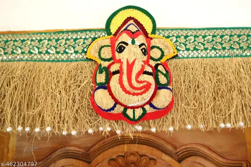 Vetiver Door Toran,3 Feet Natural Vetiver Main Door/Pooja Room Torana with 1 Vetiver Modern Vinayagar and Pearls attached (Length- 36 inches)