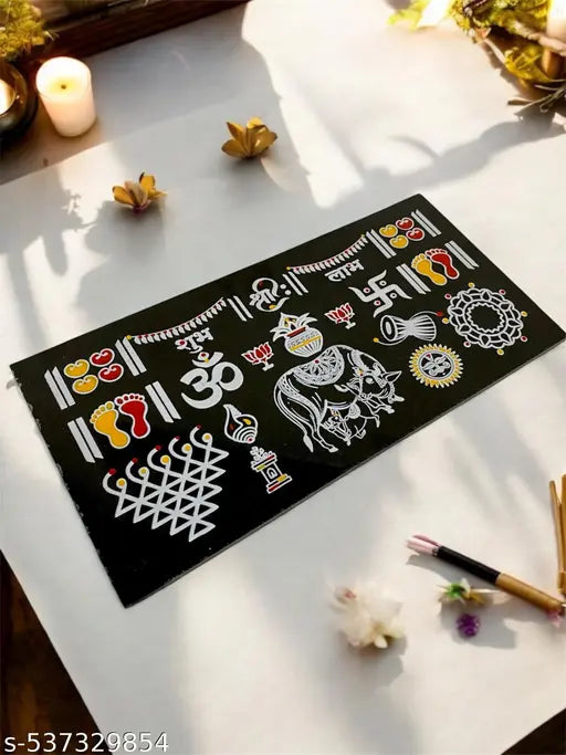 Shreekrushna Creations Art Handcrafted Granite Rangoli 12 X 6 featuring Om, Swastika, Kamadhenu cow, Sun, Moon, Saraswati and more symbol Traditional & Vibrant used for Home Décor, Pooja Mandir, door entrance, Festive season, Diwali water resistant and ea