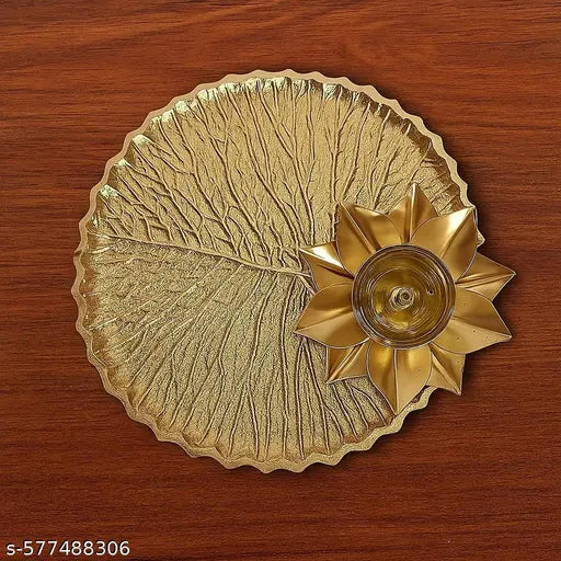 Crinikle Metal Lotus Rakhi Tray with Brass Diya for Puja Home Decor || Round Aarti Pooja Thali for Temple, Diwali, Festival || Gold