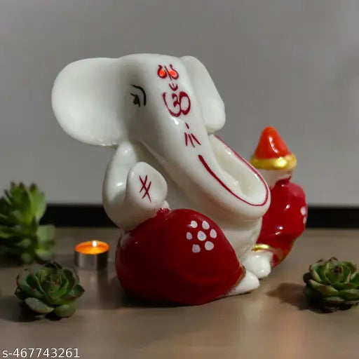 Devine Lord Ganpati/Ganesha Idol - 2x2 Inch Red Ganesh Statue for Car Dashboard, Desk, Office Table, and Diwali Decoration(White-Red)