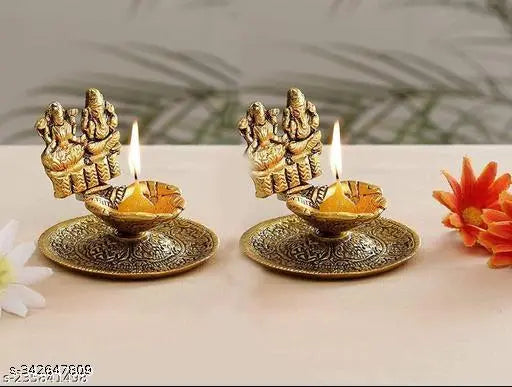 Haridwar Trends Laxmi Ganesh Diya For PoojaTable Set (pack of 2 Height: 3 inch), Laxmi Ganesh Murti, Laxmi Ganesha Idol for Diwali, Lakshmi Ganesh, Metal Laxmi Ganesh Statue, Diwali Special Laxmi & Ganesh Murti Sculpture Statue