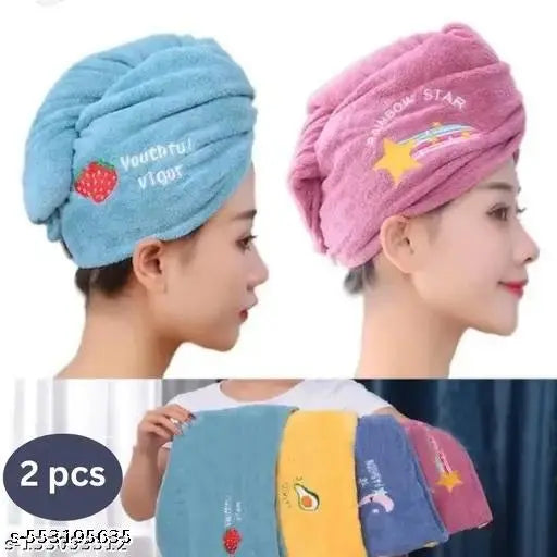 Hair Towel Turban Microfiber ' Hair Dry Towel Quick Dry Hair Had Trying Shower Head Towels Wrapped Bath Cap A Dryer Towel For Women Girl Wet/Long /Curly/Phick Hair Shower Cap Heavy Quality Hair Towel Pack Of 2 ( Random Colour)