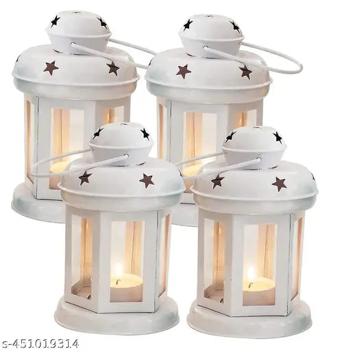 Extreme Karigari Decorative Iron Hanging Lantern with Tealight Candle Pack of 4 (6x3.7x3.7 Inch, White)