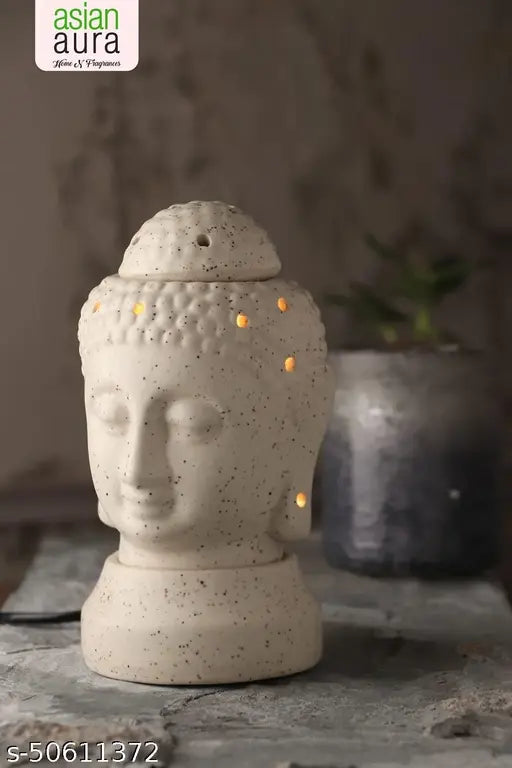Handcrafted Ceramic Electric Buddha Head Shaped Aroma Diffuser Oil Home Fragnance (Pack of 1, White)