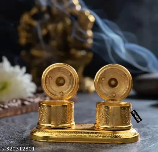 MAHAKAL ARTWARE(BY PRANCHI METALS) Double Dabbi Shape Roli Rice Chandan Chawal Akshat Haldi Kumkum Box