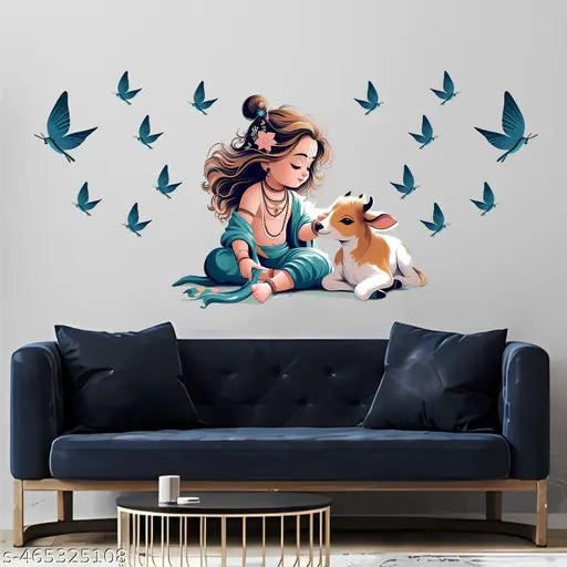 ArtfulDecals COLORFULL KRISHNA WITH BUTTERFLYY WALL STICKER FOR BEDROOM AND HALL SIZE, 24X21