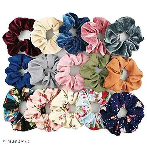 Drisona Satin Silk Printed, Plain & Velvet Scrunchies For Women And Girls Less Hair fall Hairbands Rubber Band Multicolor color Pack of-12 Pcs