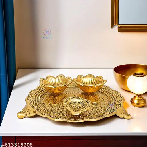 Brass Golden Metal Pooja Thali with Kumkum & Rice Holders | Designer Puja Plate for Mandir Decoration | Traditional Religious Gift Item for Diwali Festivals & Rituals