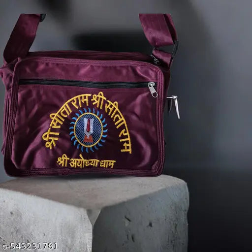 Maroon Shri Sita Ram Ayodhya Dham Embroidered Devotional Shoulder Bag for Men & Women[9x12]