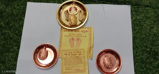 Pack Of 3 Aashirwad Collection Golden Sarva Ichha Kachua Kachuva Plate Metal And  Laxmi Charan Paduka Yantra Wish Turtle Tortoise Decorative Showpiece/ Metal Vastu/ Feng Shui Tortoise on Plate for Career & Good Luck, Wealth & Success in Business, Home Dec