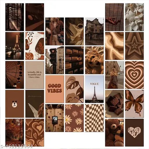 KARTMEN Brown Aesthetic Wall Collage Kit for Room Decor | Set of 32 Aesthetic Posters | 350 GSM Paper | Size 4x6 Inch | Poster | Included Glue Dots