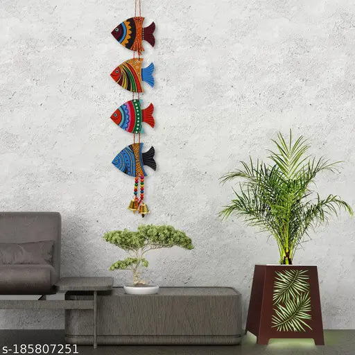 Sohibe Hanging Fish Feng Shui Vastu Show Piece for Decoration Garden Balcony Home Office Cafe Door Toran Latkan Festival Decorative Wall Hanging (Wood, Length-24 inch)