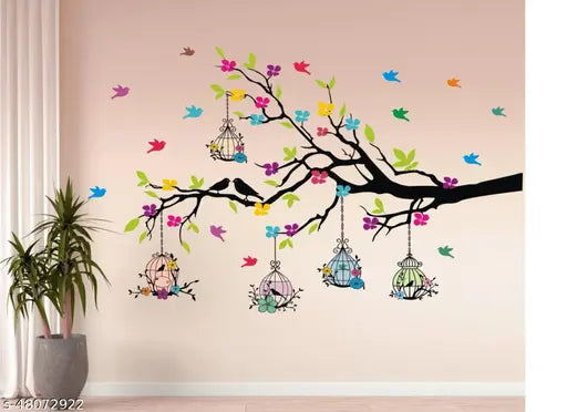 Heaven Decors - Medium - Tree Branches With Birdcage And Flower- Wall Decoration Sticker Home ( ideal size on wall: 100 cm x 60 cm ),Multicolour