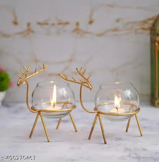CLICKNECT INDIA Iron Deer tealight Candle Holder for Home and office Decor |Set of 2(Colour-Gold)