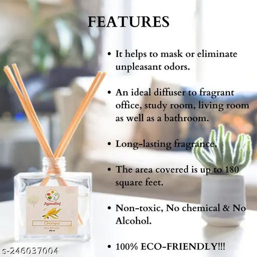 Sugandhim Reed Diffuser Champa, 1 x 100ml & 5 Reed Stick, Non Alcoholic, Flower, Living Room, Washroom, Bedroom, Study Table, Office, Gifting Set, Easy To Use, Chemical Free, Mood Lifter, Pleasant Fragrance, Warming, Calming, Floral, Maintenance Free, Ris