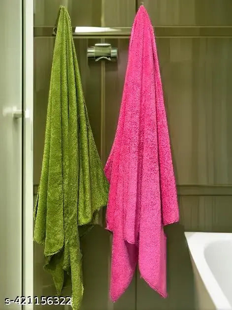 Finesse Decor 100% Microfiber 2 Piece Bath Towel Set Highly Absorbent Quick Dry for Beach Gym Pool 300 GSM (PINK&GREEN)