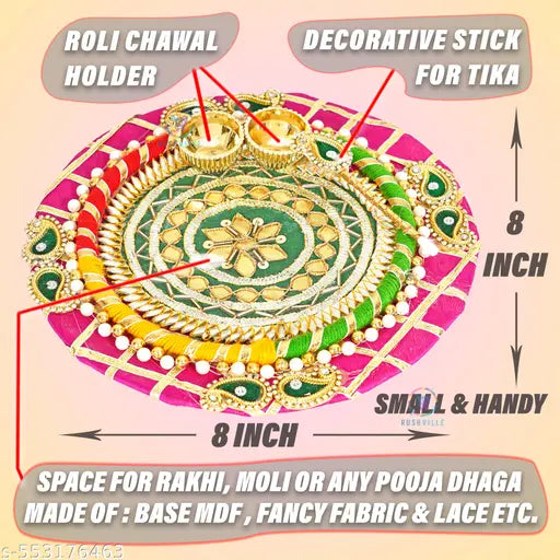 Designer Pooja Thali Set with Kalash, Roli Chawal Holder & Decorative Stick – Traditional Puja Accessory for Festivals & Rituals (MDF)