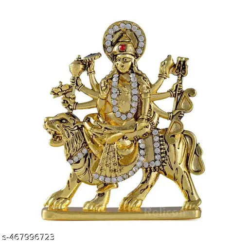 Relicon Goddess Maa Durga Sherawali MATA Idol on Lion (B-69) Antique Gold Metal Statue for Car Dashboard | Home Décor | Mandir Pooja Murti |Temple Puja | Office Table Showpiece (L*B*H-- 2.4 x 0.2 x 3 Inches)