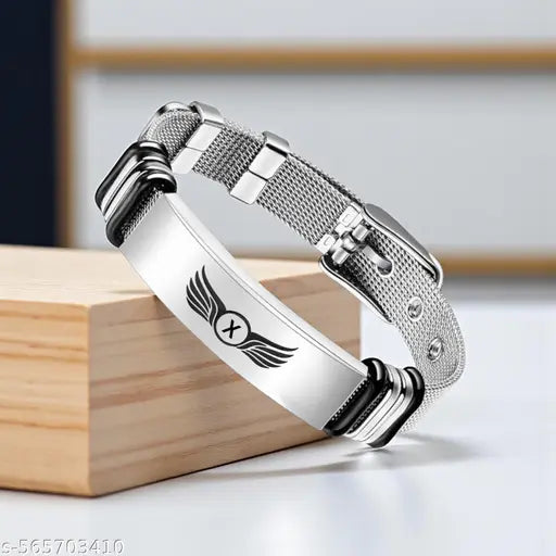 The Men Gift  Personalized Initial “X” Winged Charm Bracelet for Men – Stylish Stainless Steel Mesh Strap Bracelet – Adjustable Engraved Bracelet for Bikers, Riders & Trendsetters ShivBr2025582