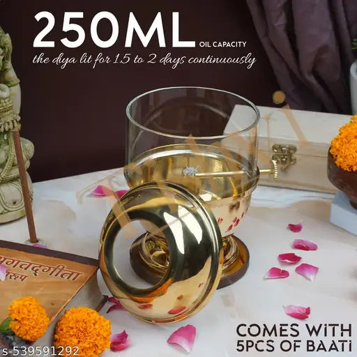 Tishvi Brass Akhand Diya with Glass Cover, 250ml Capacity, Adjustable Wick Mechanism, 48 Hours Burning Time