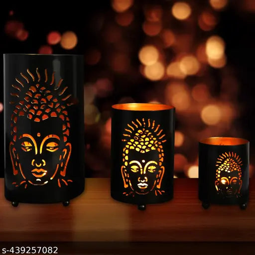 Home Decors Antique Handcrafted Hanging Tealight Buddha Cutting Black Votive Candle Holder for Home Decoration, Diwali Decoration, Christmas Decoration. (Black, Pack of 3)